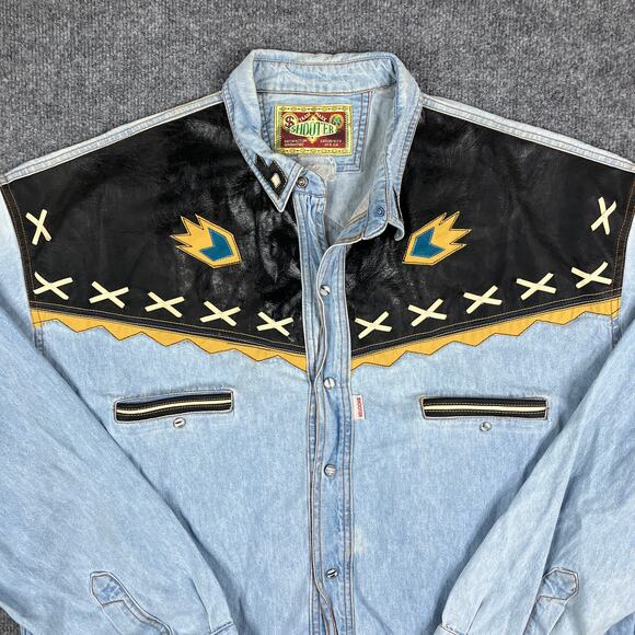 Trade Mark Shooter Western Shirt Mens 2XL Light Wash Denim Embroidered - Picture 1 of 9